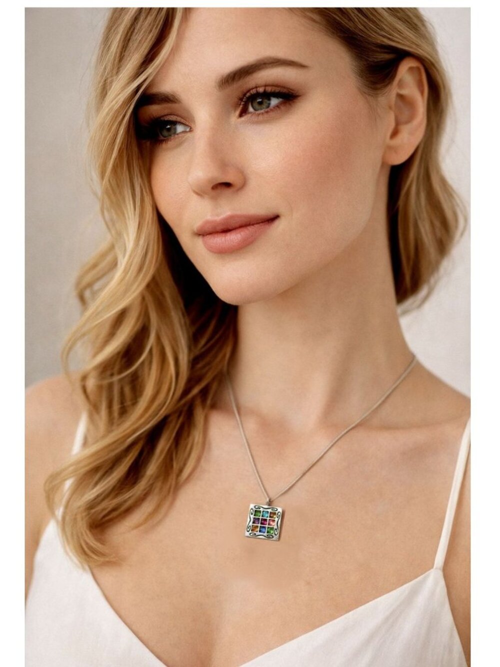 Colourful Square Birthstone Grid Pendant Necklace